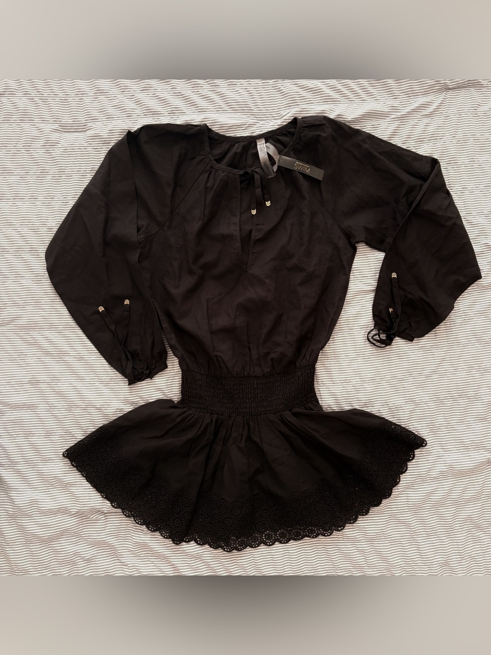 Victoria's Secret Black Lace Cotton & Linen Long-Sleeve Summer Dress NEW W TAG